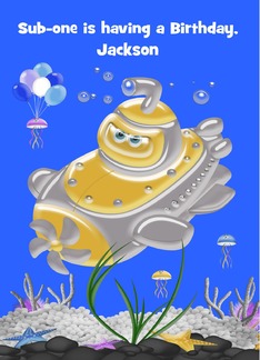 Birthday, custom name, submarine in the ocean with jellyfish, balloons