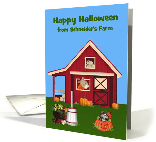 Halloween, custom name, adorable farm theme with a horse and cat card