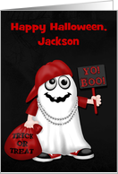 Halloween, custom name, Rapper ghost with a bag of treats and a sign card