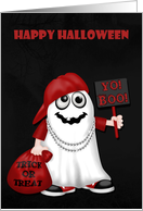 Halloween, general, Rapper ghost with a bag of treats holding a sign card