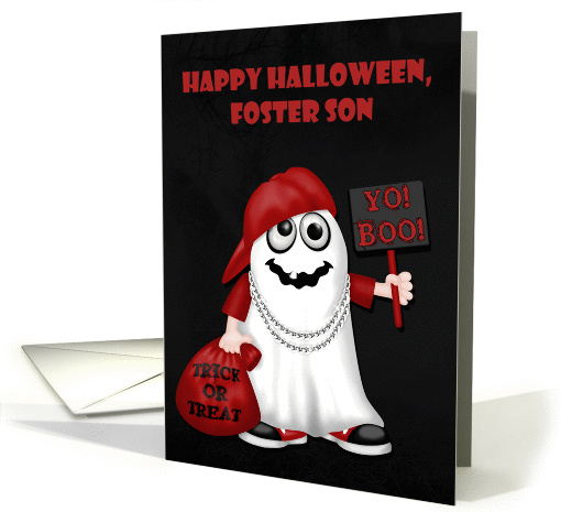 Halloween to Foster Son, Rapper ghost with a bag of treats, sign card