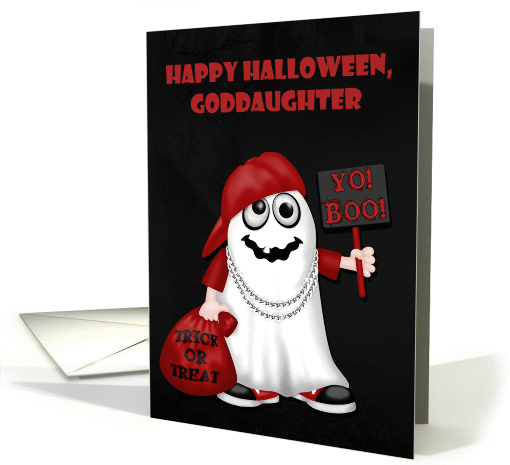 Halloween to Goddaughter, Rapper ghost with a bag of treats, sign card