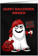 Halloween to Nephew, Rapper ghost with a bag of treats holding a sign card