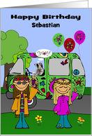 Birthday, custom name, hippie theme, Hippies with raccoon driving van card