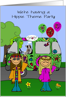 Invitations to Party, hippie theme, hippies with raccoon driving van card