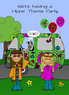 Invitations to Party, hippie theme, hippies with raccoon driving van