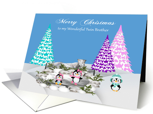 Christmas to Twin Brother with Adorable Penguins on Ice and Snow card