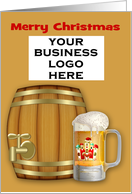 Christmas, business logo, brewery, mug of beer in front of a mini keg card