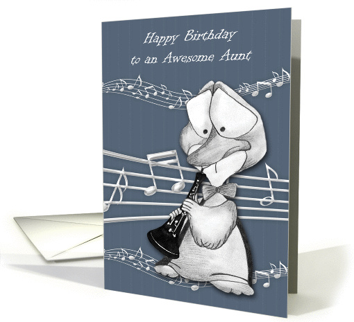 Birthday to Aunt, a cute duck playing an oboe with musical notes card