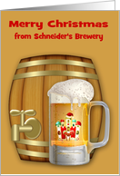 Christmas, custom business name, brewery, mug of beer, mini keg card