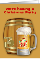 Invitation to Christmas Party with a Foamy Mug of Beer and a Mini Keg card
