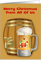 Christmas from All Of Us, a decorated mug of beer with a mini keg card