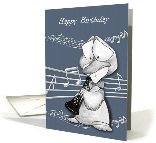 Birthday, general, a cute duck playing an oboe with musical notes card