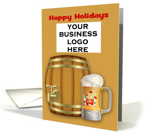 Happy Holidays, business logo, brewery, mug of beer with mini keg card