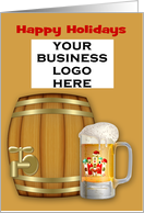 Happy Holidays, business logo, brewery, mug of beer with mini keg card