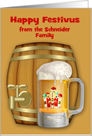 Festivus, custom name, a decorated mug of beer with a mini keg card