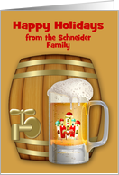 Happy Holidays, custom name, a decorated mug of beer with a mini keg card