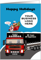 Happy Holidays, business custom logo, name, raccoon driving semi card