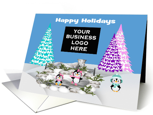 Happy Holidays, business custom logo, adorable penguins on ice card