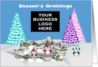 Season’s Greetings, business custom logo, adorable penguins on ice card