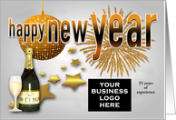 New Year’s Business Custom Logo Card with a Ball and Gold Fireworks card