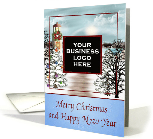 Christmas, business custom logo, snowy lighthouse scene, wreath card