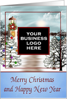 Christmas, business custom logo, snowy lighthouse scene, wreath card