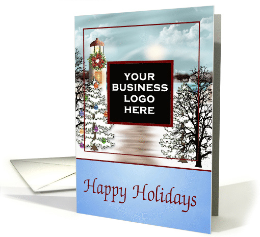 Happy Holidays, business custom logo, snowy lighthouse scene card