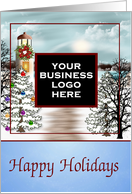 Happy Holidays, business custom logo, snowy lighthouse scene card