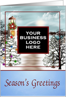 Season’s Greetings, business custom logo, snowy lighthouse scene card