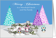 Christmas to Uncle and Family, adorable penguins on ice and snow card