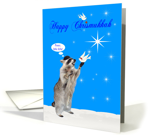 Chrismukkah with an Adorable Raccoon and a Beautiful White Dove card