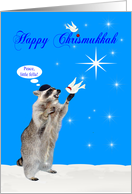 Chrismukkah, interfaith, general, adorable racoon with doves, stars card