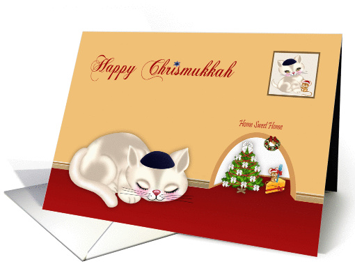 Chrismukkah, interfaith, general, cat wearing yarmulke with mouse card