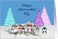 Chrismukkah, interfaith, general, adorable penguins on ice with trees card