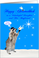 Chrismukkah to Daughter and Boyfriend, interfaith, racoon with doves card