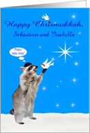 Chrismukkah, custom name, interfaith, adorable racoon with doves card