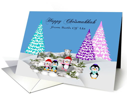 Chrismukkah from Both Of Us, interfaith, adorable penguins on ice card
