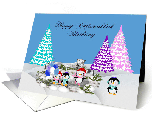 Birthday on Chrismukkah, general, interfaith, adorable penguins card