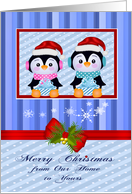 Christmas from Our Home to Yours, adorable penguins holding presents card