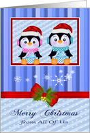 Christmas from All Of Us, adorable penguins holding presents in frame card