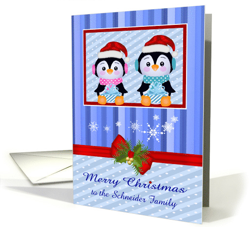 Christmas, for custom name, adorable penguins holding presents card