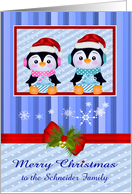 Christmas, for custom name, adorable penguins holding presents card