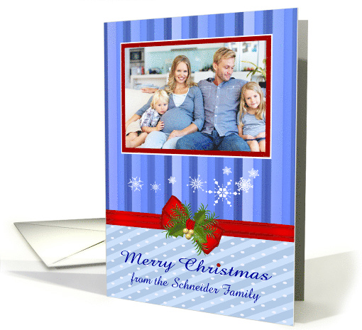 Christmas, custom name photo card, snowflakes and red bow on blue card
