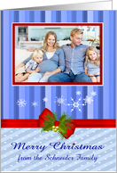 Christmas, custom name photo card, snowflakes and red bow on blue card