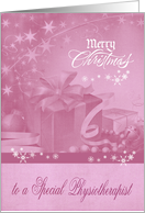 Christmas to Physiotherapist, Presents, Bows, Ornaments on pink card