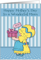 Mother’s Day to Mum, little girl holding a present for mom on blue card