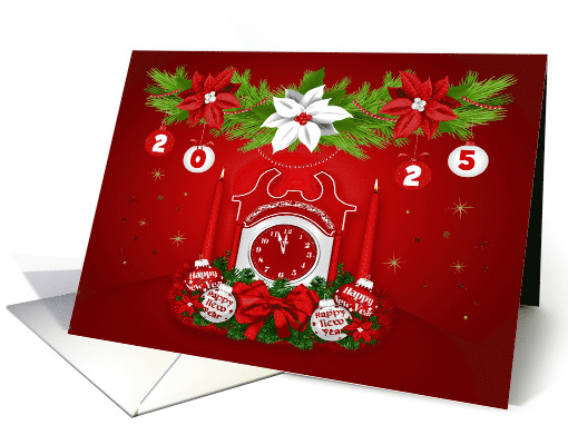 New Year's 2025 Custom Year Card with a Red Clock and Poinsettias card