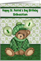 1st Birthday on St. Patrick’s Day Custom Name a Bear Holding Balloon card