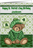 4th Birthday on St. Patrick’s Day, custom name, bear holding balloon card